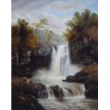 William Mellor (1851-1931), River scene with waterfall, signed, oil on canvas, 125.5 x 100.5cm.;