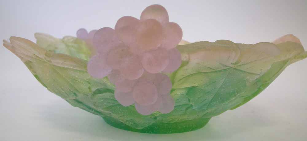 Daum bowl, green and pink coloured body moulded with grapes and leaves, etched mark to foot, with - Image 4 of 9