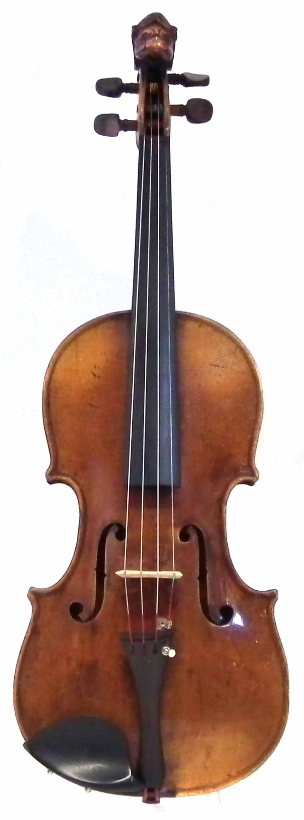 German violin with lion head scroll, two piece back and Birdseye maple neck, together with case