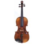 German violin with lion head scroll, two piece back and Birdseye maple neck, together with case