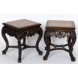 Pair of Chinese Qing carved hardwood square low tables with inset red marble tops, width 40cm.