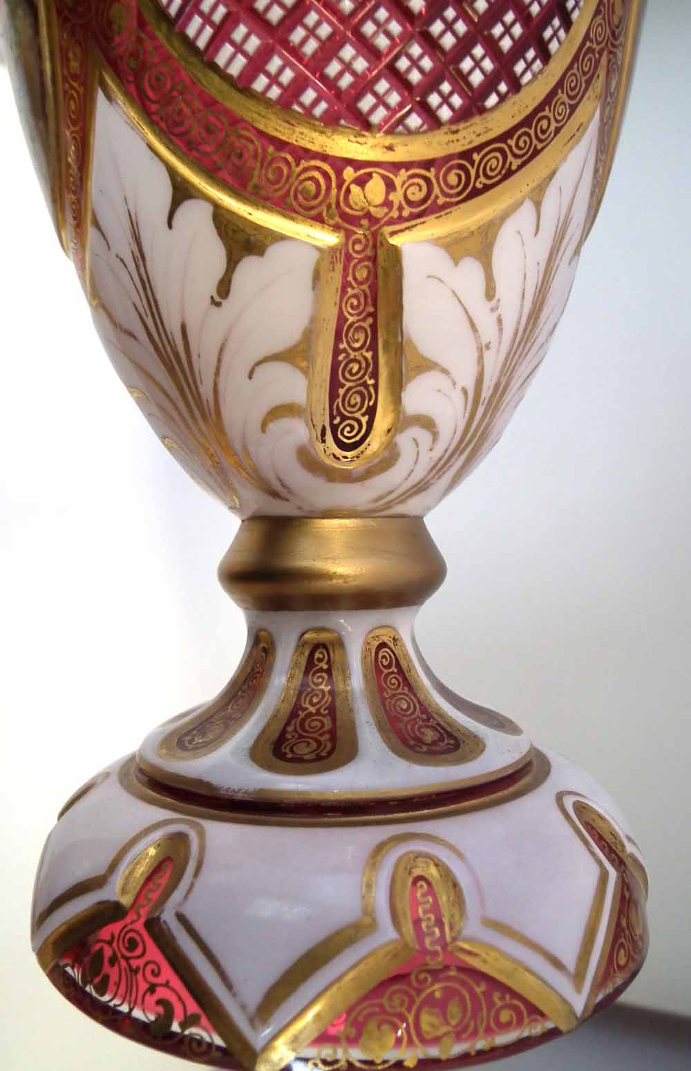 Bohemian overlay glass vase, the white top layer cut through to ruby glass, painted with a lady - Image 11 of 11