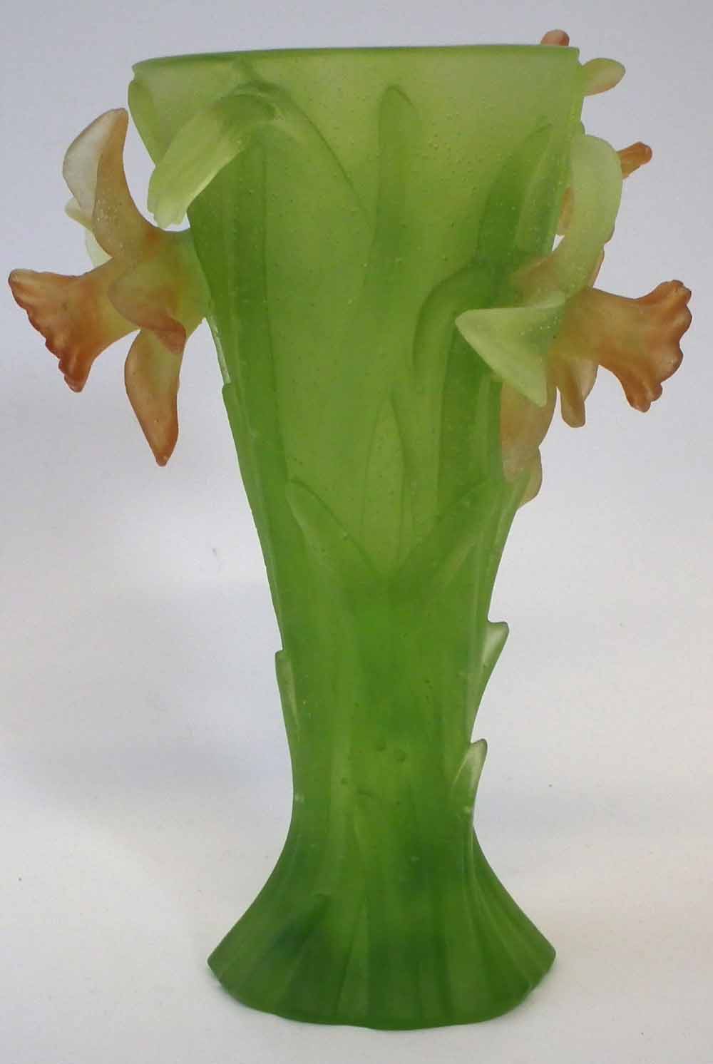 Daum vase, green and orange coloured body moulded with daffodils, etched mark to foot, with box 18. - Image 3 of 6