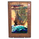 Enamel plaque, decorated with a galleon on rough seas, indistinct monogram to lower left corner,