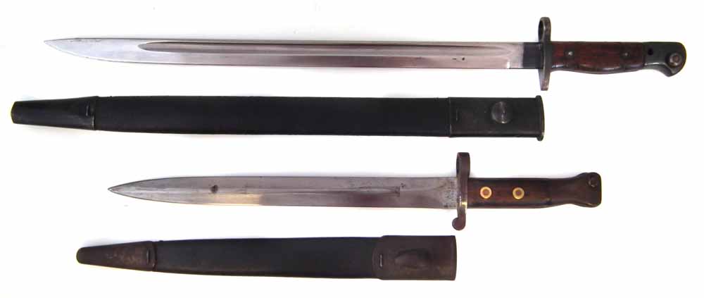 1888 pattern Lee Metford rifle bayonet and scabbard by Wilkinson, dated 12 '97, also a S.M.L.E.