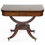 Neo-classical D shaped card table with black line inlay on an arc and platform support and four