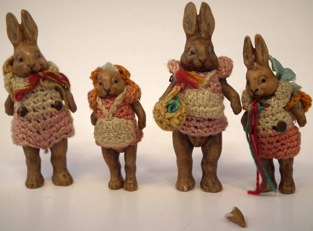 Hertwig four piece bisque Rabbit doll family, with porcelain jointed legs and arms, the tallest - Image 3 of 9