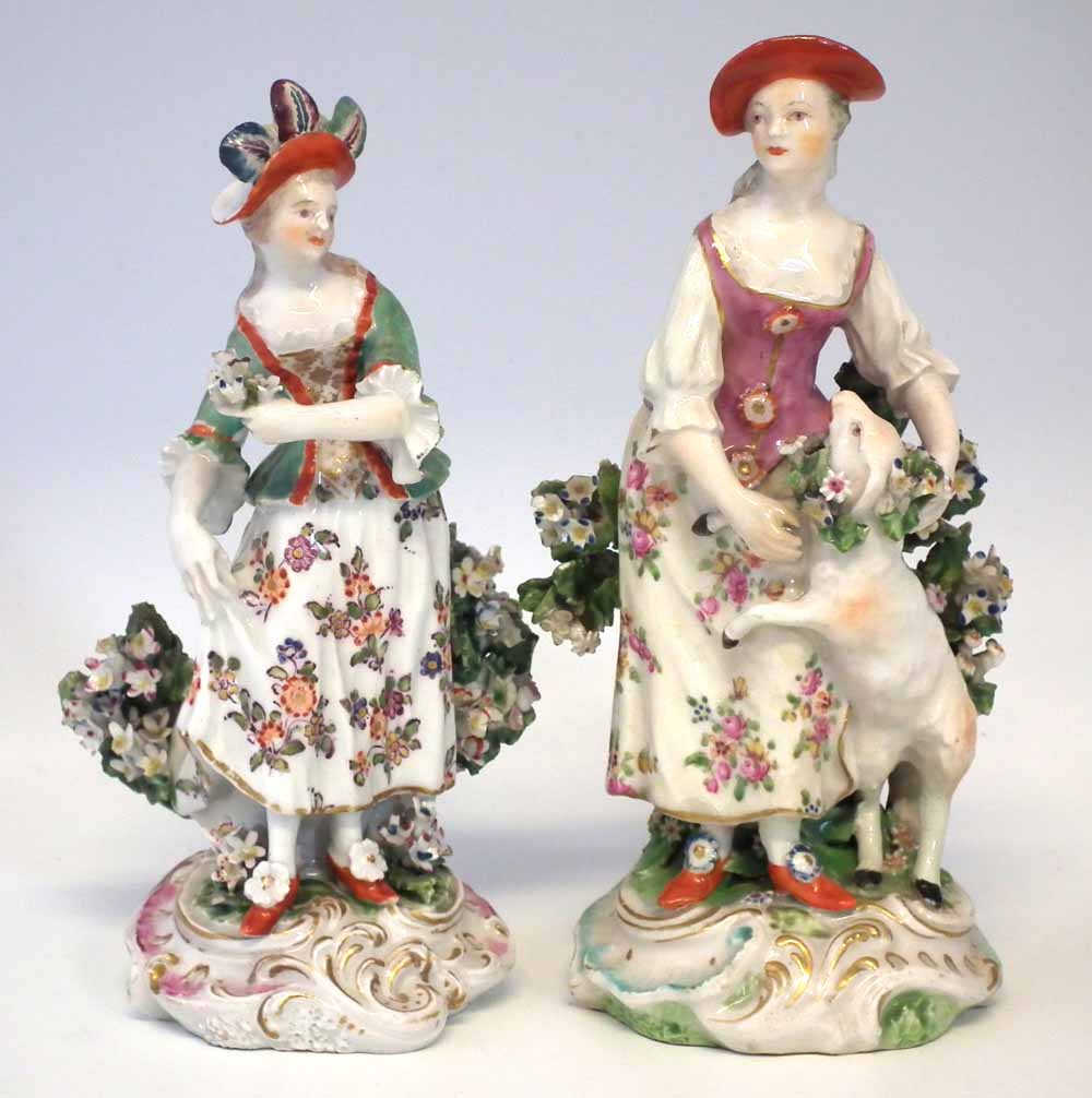 Two Derby figures of ladies circa 1770, modelled standing in front of floral bocages on scrolled - Image 2 of 15