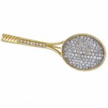 Pave diamond and gold racquet brooch, length 49mm, gross weight 7.3g