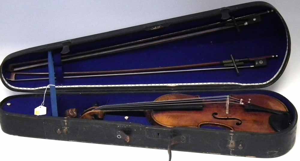German violin with lion head scroll, two piece back and Birdseye maple neck, together with case - Image 10 of 16