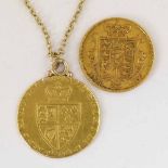 William IV gold sovereign, 1832 (VF); George III mounted spade guinea on chain (2)