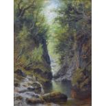 Charles Stuart F.S.A. (fl.1854-1904), "Sunlit Gorge", signed, titled on gallery label - 'The Unicorn