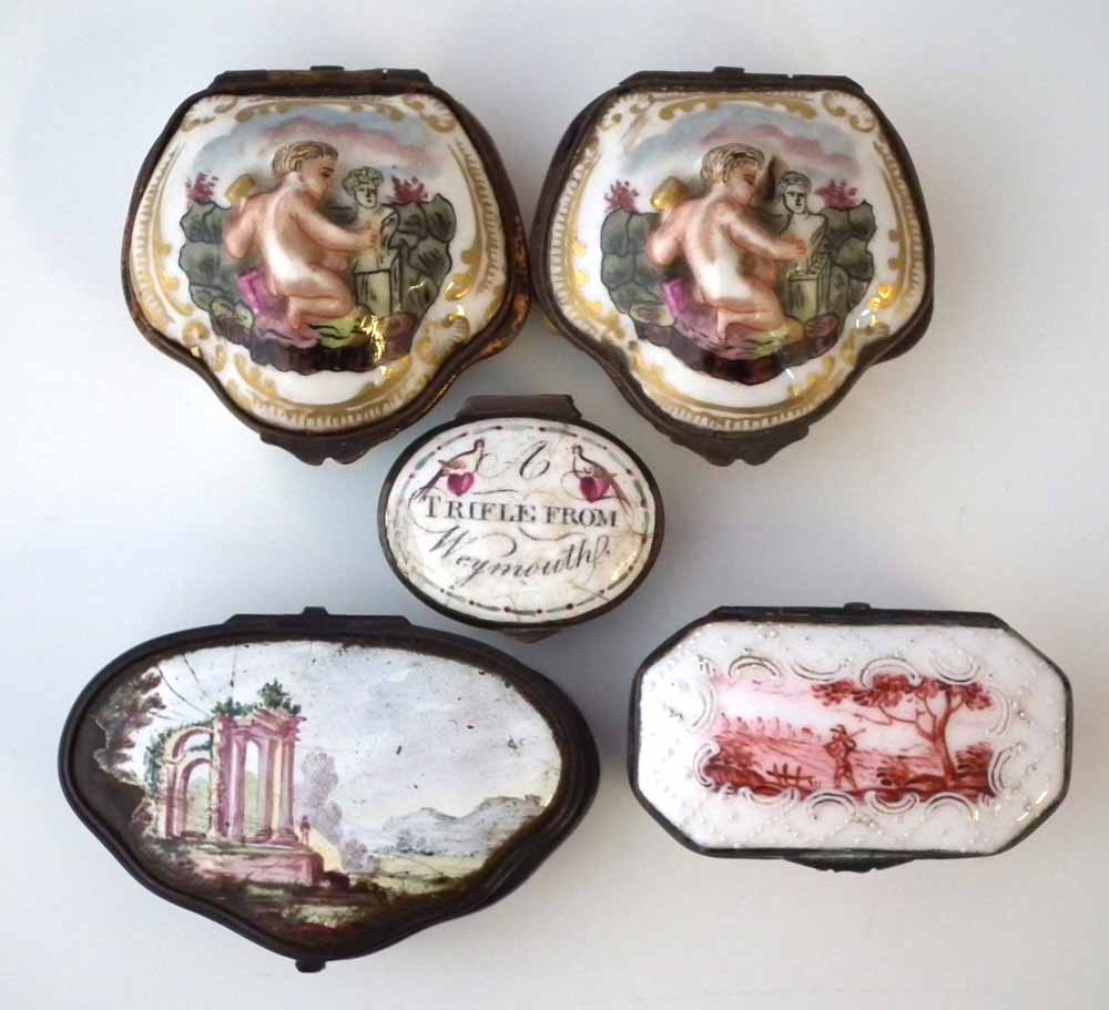 Five boxes, to include two enamel boxes painted with landscapes, another with 'A Trifle from