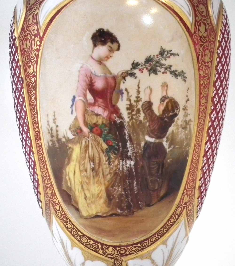 Bohemian overlay glass vase, the white top layer cut through to ruby glass, painted with a lady - Image 4 of 11