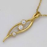 18ct gold leaf shaped pendant set with three brilliant diamonds, ≈0.5ct in total, on 18ct necklace