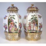 Pair of Helena Wolfsohn Dresden lidded vases, with hexagonal bodies painted with figures and