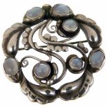 Georg Jensen moonlight silver brooch, pattern 159, of stylised foliage set with moonstones, London