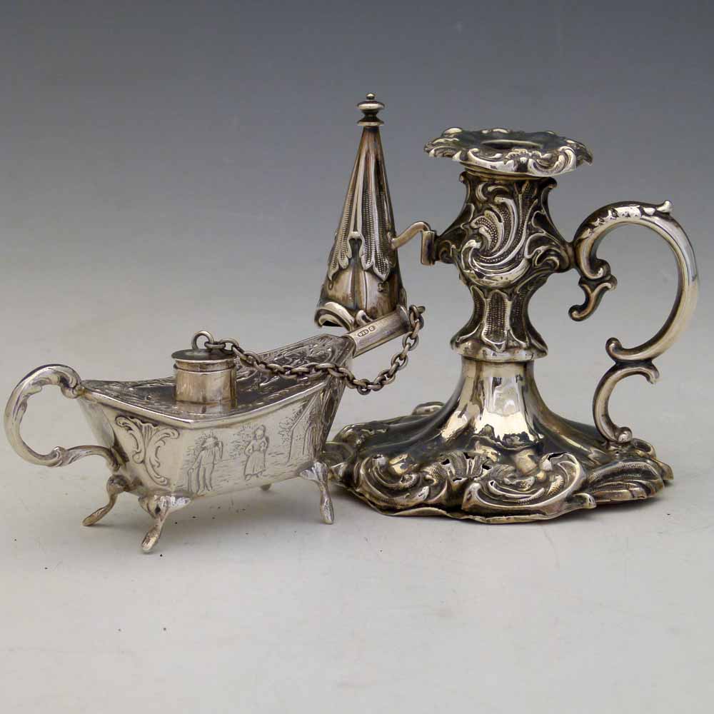 Victorian filled silver rococo style chamber candlestick and snuffer, Henry Wilkinson & Co Sheffield