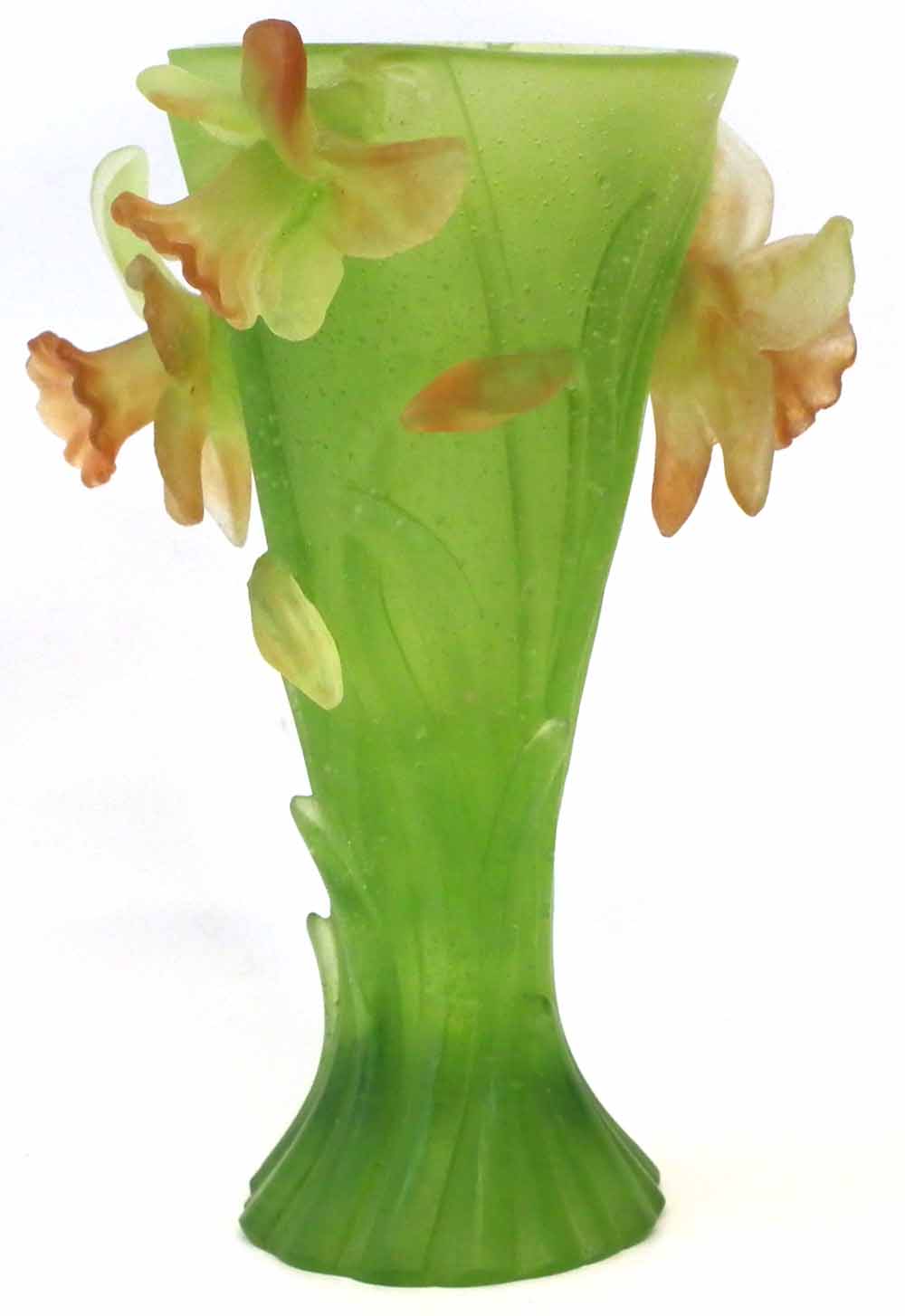 Daum vase, green and orange coloured body moulded with daffodils, etched mark to foot, with box 18. - Image 2 of 6