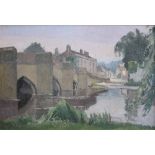 Harry Rutherford (1903-1985), Bridge over a river with village beyond, oil on board, 29 x 44cm.;