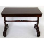 Rosewood centre table, the rectangular top on slab ends and sledge feet, width 108cm