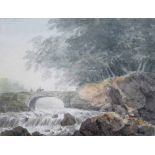 William Payne (1760-1830), Figures on a bridge near a waterfall, titled on gallery label verso,