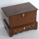 Oak miniature mule chest with plank sides over a long drawer, width 48cm.