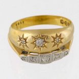 Antique Chester 18ct gold gypsy set three-stone diamond, 1906, ring size P; and a five-stone ring in