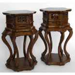 Pair of Chinese hardwood foliate jardiniere stands on six shaped legs, late Qing Dynasty height