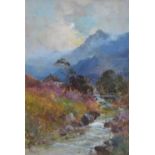 John Falconar Slater (1857-1937), Mountainous scene with stream and cottage, signed, oil on