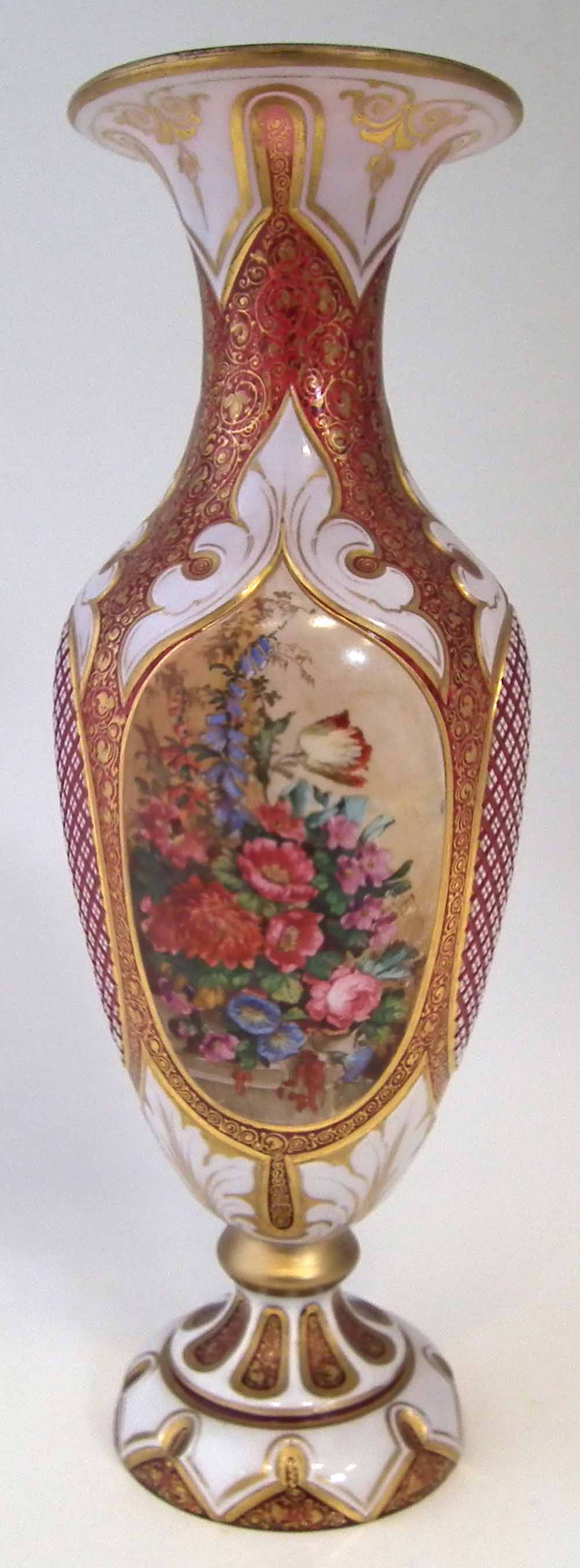Bohemian overlay glass vase, the white top layer cut through to ruby glass, painted with a lady - Image 7 of 11