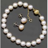 Cultured pearl bracelet with gold clasp, 18.5cm; and a pair of freshwater pearl studs.