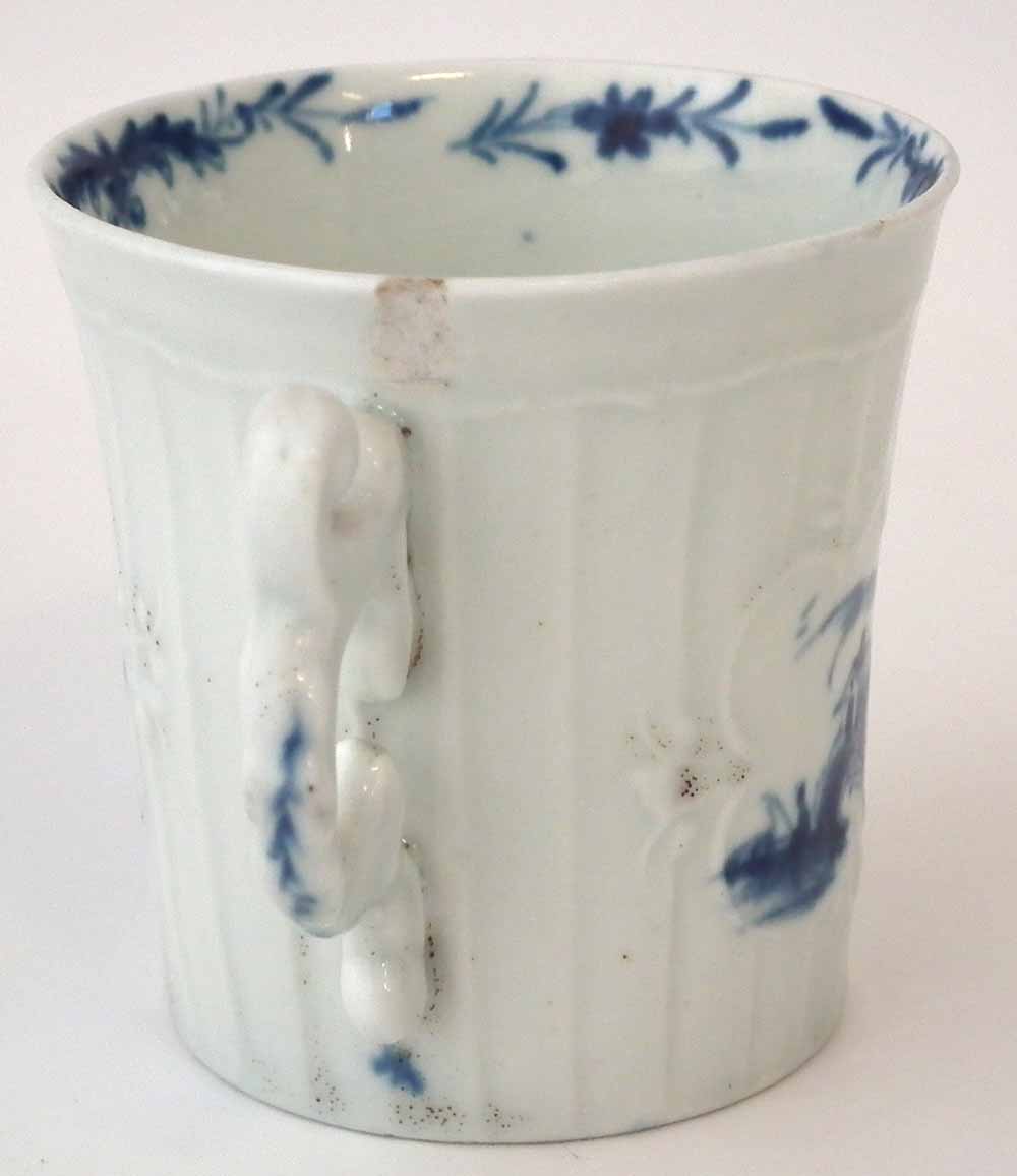 Worcester cup circa 1760, with panel moulded body, double scroll handle, painted with a figure - Image 5 of 8