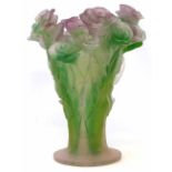 Daum vase, green and pink coloured body moulded with roses, etched mark to foot, with box 21.5cm