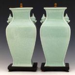 Pair of Chinese celadon table lamps of square section, overall height 33cm.