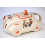 Sadlers OKT42 racing car teapot, printed with nursery prints including 'Wendy Watering', 'Helping