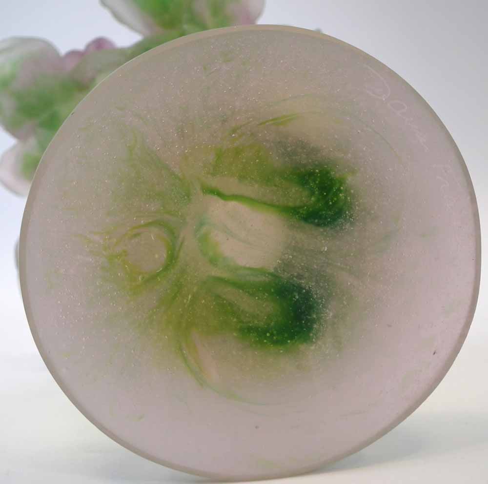 Daum vase, green and pink coloured body moulded with roses, etched mark to foot, with box 21.5cm - Image 5 of 10