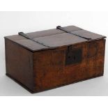 18th century oak box with metal straps and fitted drawers inside, width 58cm.