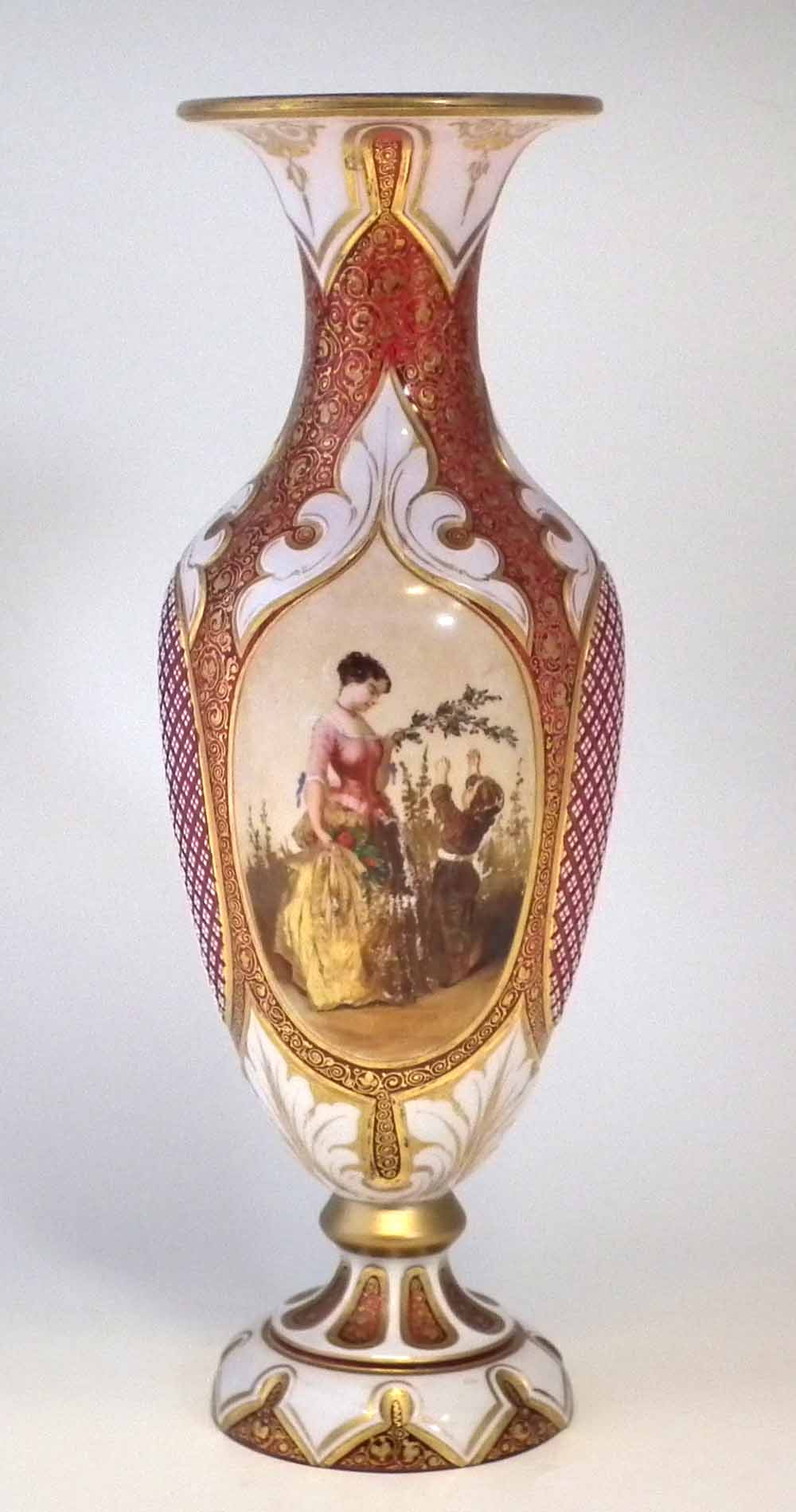 Bohemian overlay glass vase, the white top layer cut through to ruby glass, painted with a lady - Image 2 of 11