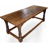 Reproduction oak refectory table on block and turned legs, 200cm x 81cm.