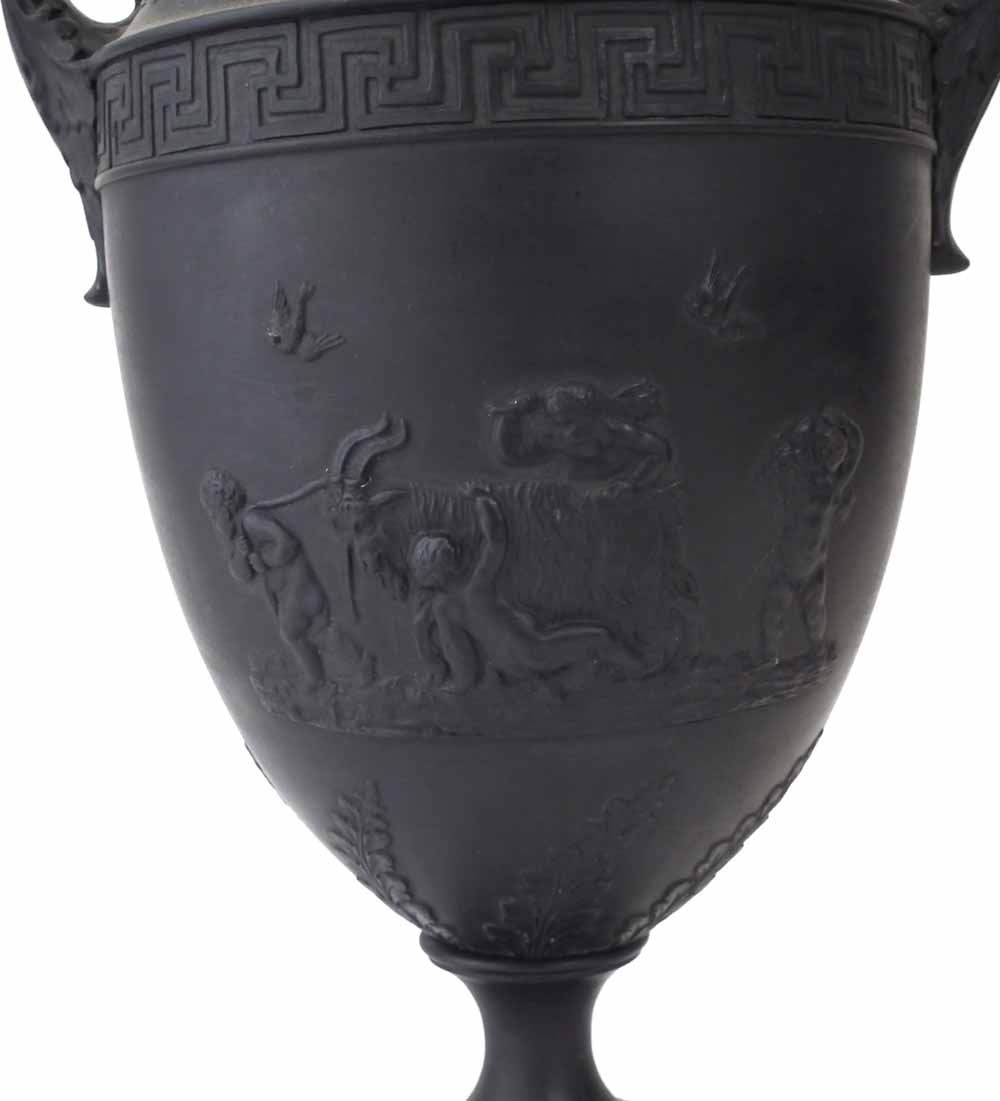 Wedgwood and Bentley black basalt vase circa 1770 moulded with cherubs between borders of palms, - Image 4 of 21