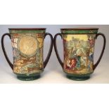 Pair of Royal Doulton George IV and Elizabeth Coronation loving cups, numbers 1172 and 1134 of 2000,
