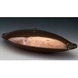 Oval copper hot water bottle with loop side handles, length 67cm Condition report: soldered repairs,