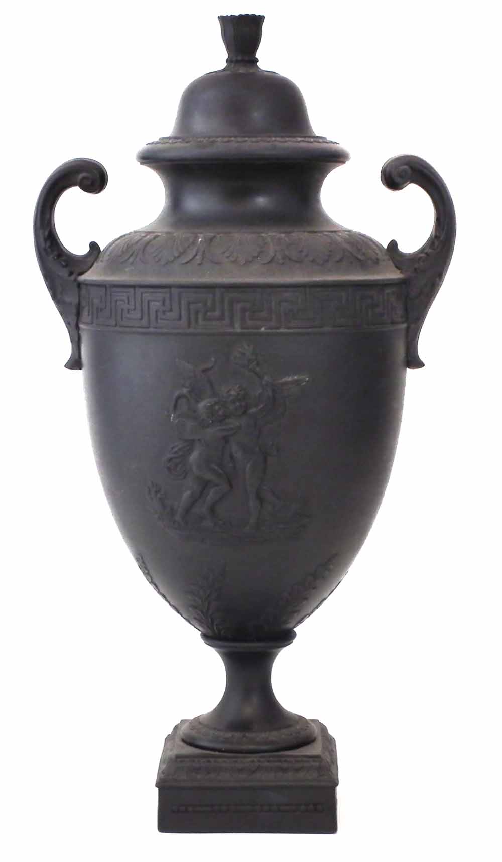 Wedgwood and Bentley black basalt vase circa 1770 moulded with cherubs between borders of palms,