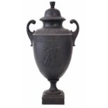 Wedgwood and Bentley black basalt vase circa 1770 moulded with cherubs between borders of palms,