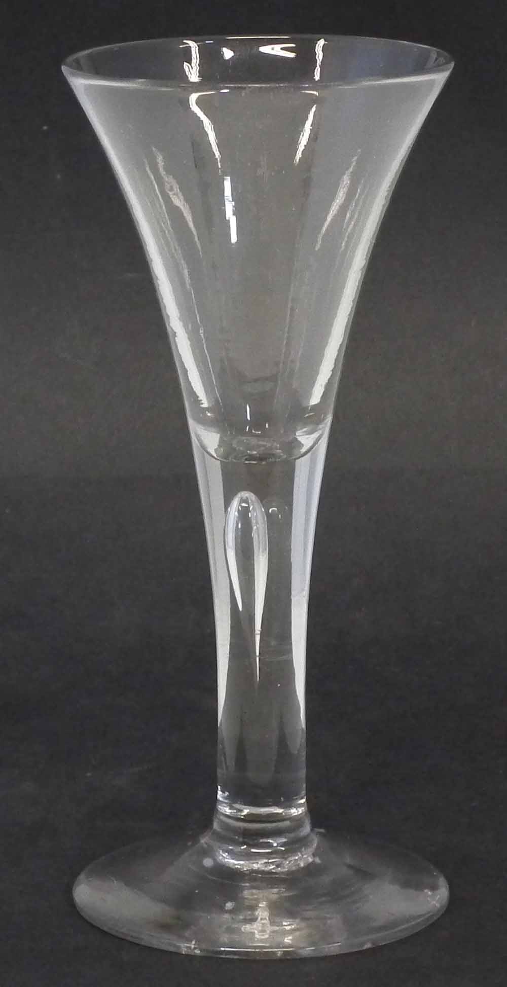 Georgian wine glass circa 1770, with flaring foot, tear drop inclusion stem on slightly raised foot,