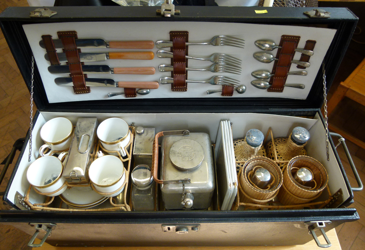 Motor-car picnic set, 1930's, for four people, the black leather cloth cabinet with a fall front - Image 14 of 16