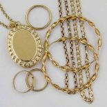 9ct gold oval locket on chain; two 9ct chains; 3 9ct finger rings; pair of 9ct hoop earrings,