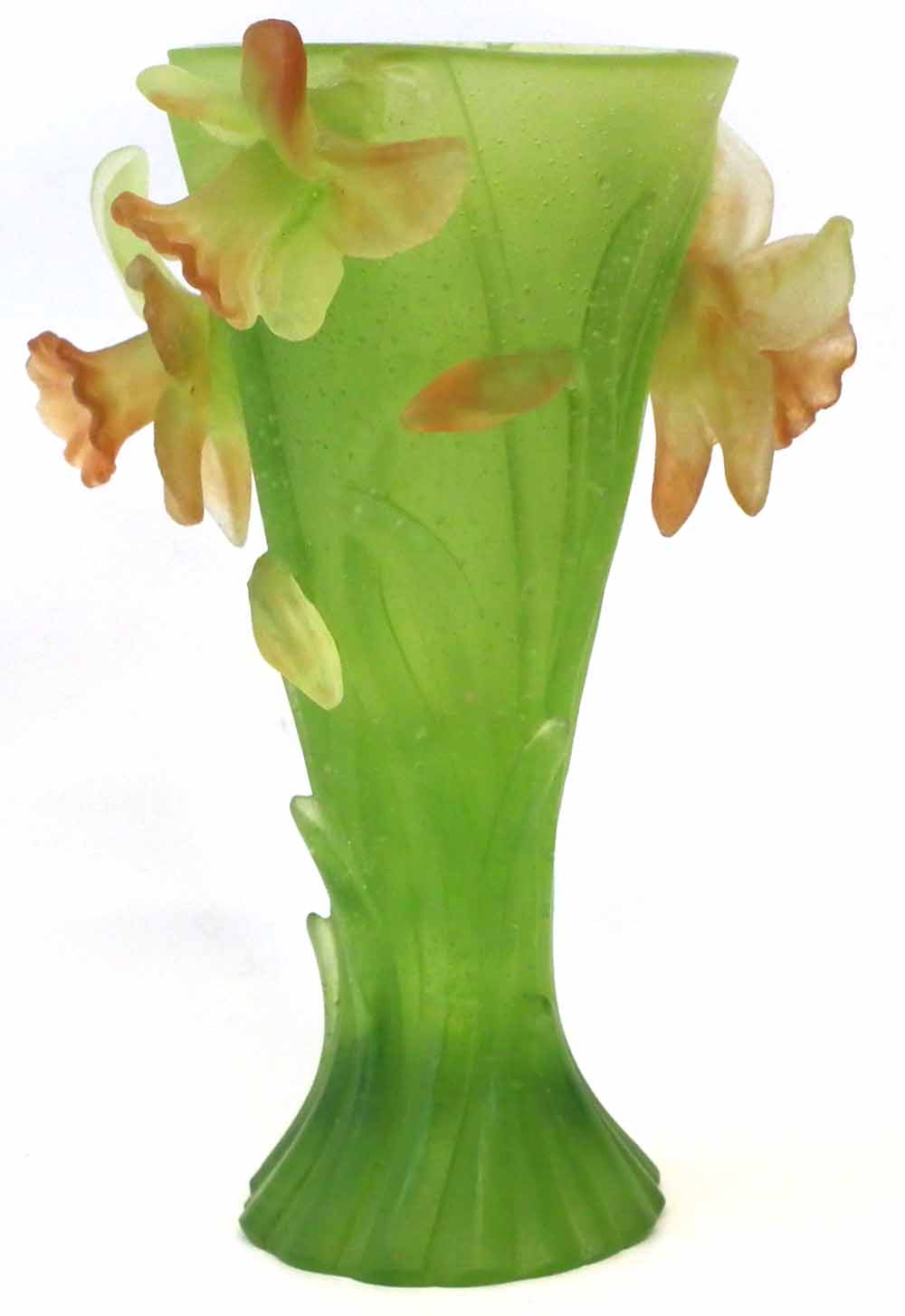 Daum vase, green and orange coloured body moulded with daffodils, etched mark to foot, with box 18.