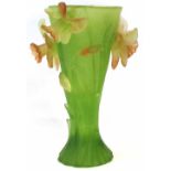 Daum vase, green and orange coloured body moulded with daffodils, etched mark to foot, with box 18.